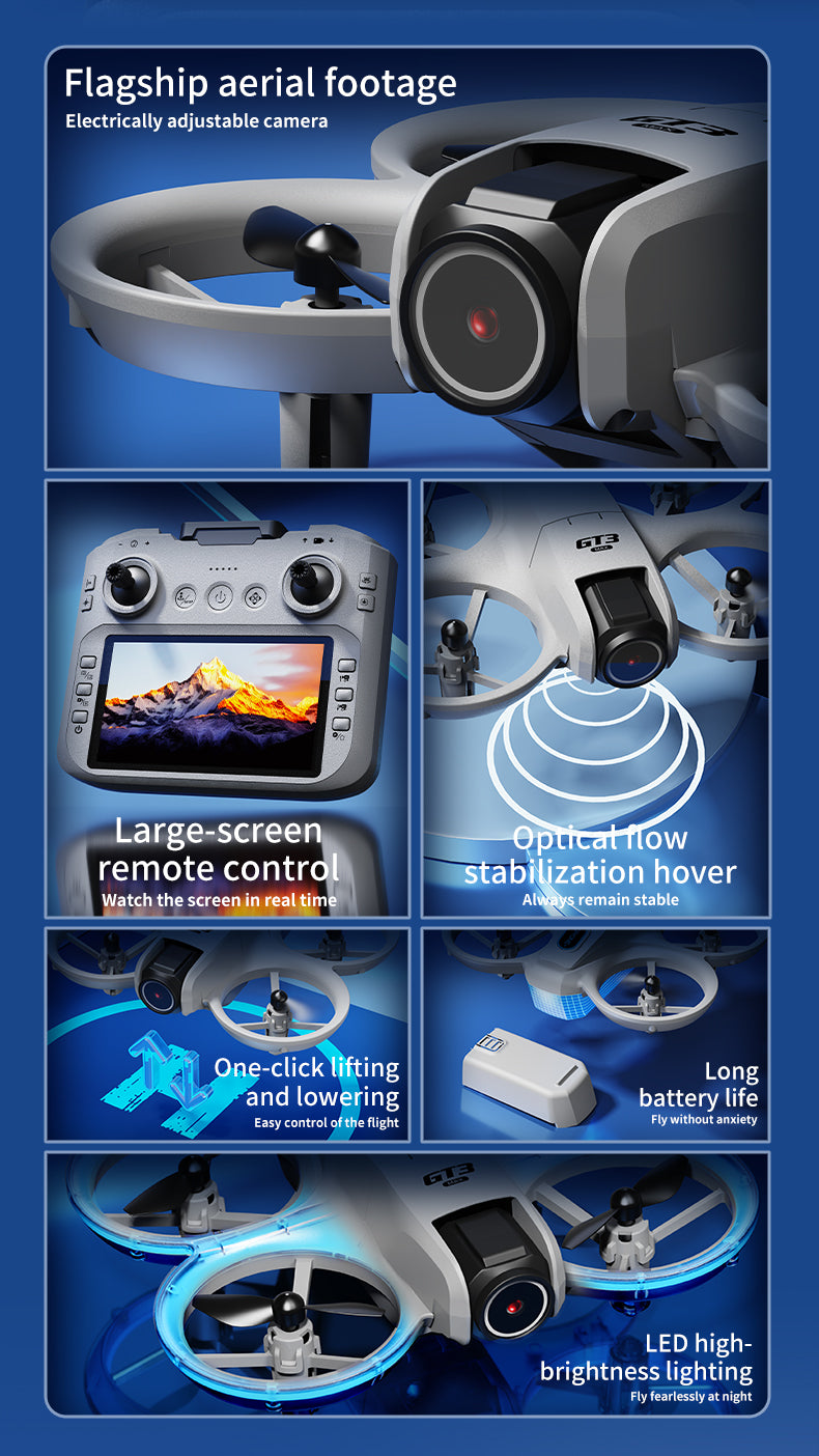 GT3 Mini Drone 4.3" Screen Remote 180° Electric Dual Camera Optical Flow Obstacle Avoidance