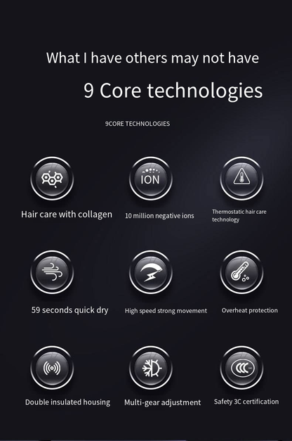 Minimal luxury hair dryer, metal body, ion fast dry with both beauty and strength