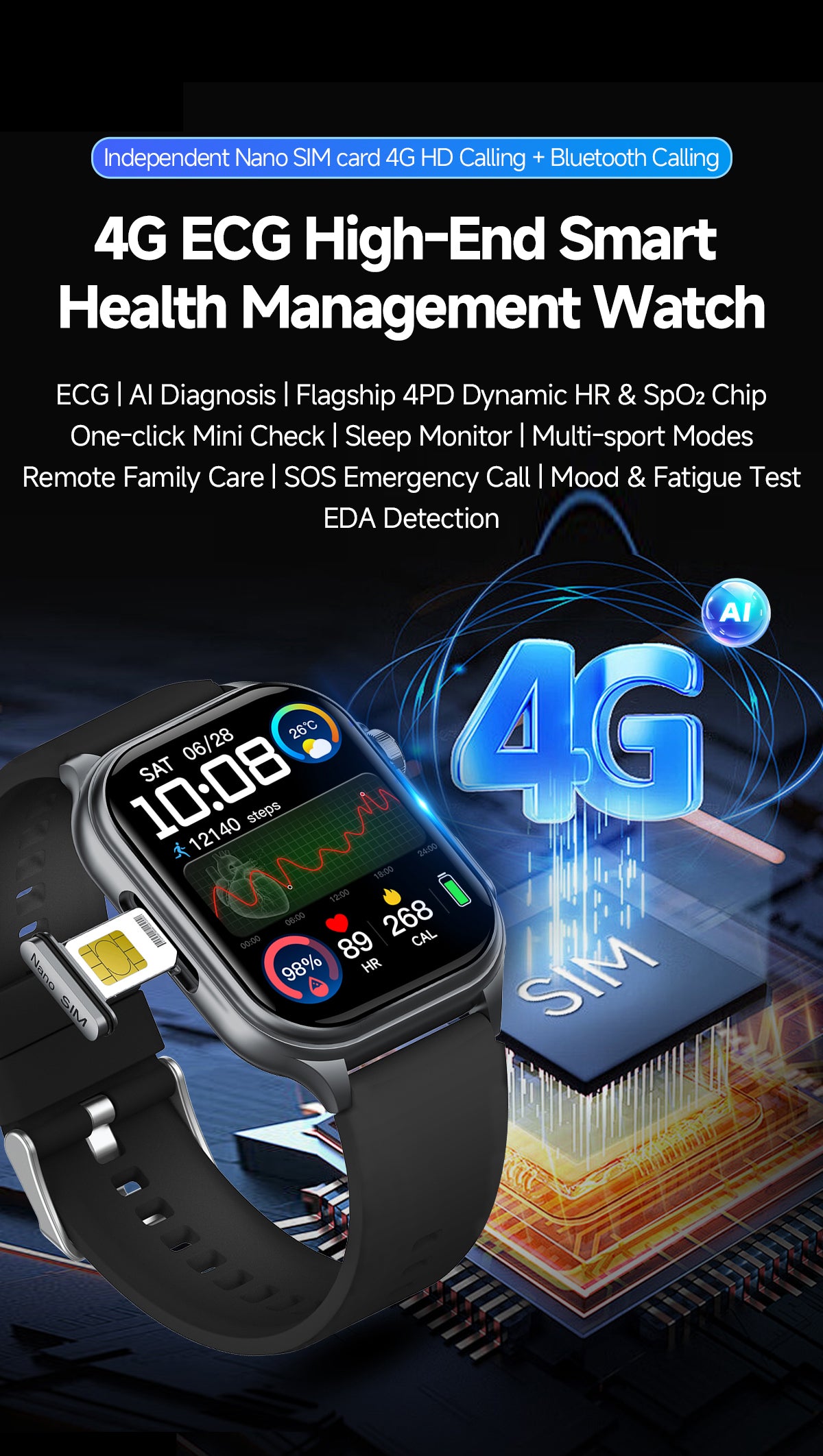 GE500  4G Smart Watch | Dual Call Family Data Share 2.06" AMOLED Fitness Tracker