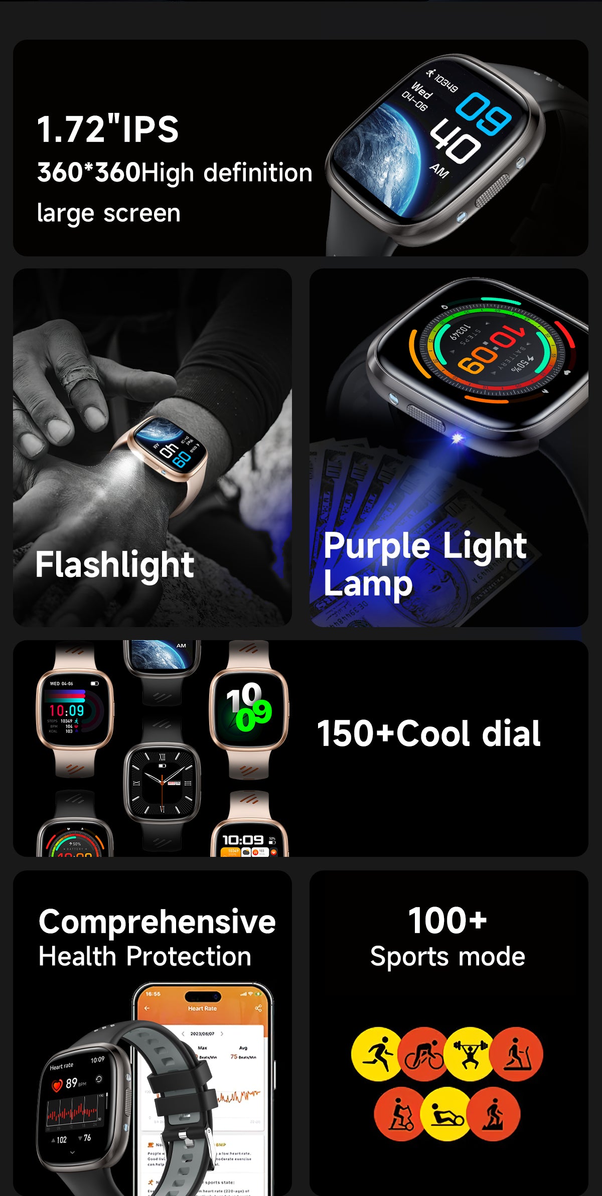 HT31 Bluetooth Call Smart Watch 1.72" IPS Full Touch Screen IP68 Waterproof Fitness Watch
