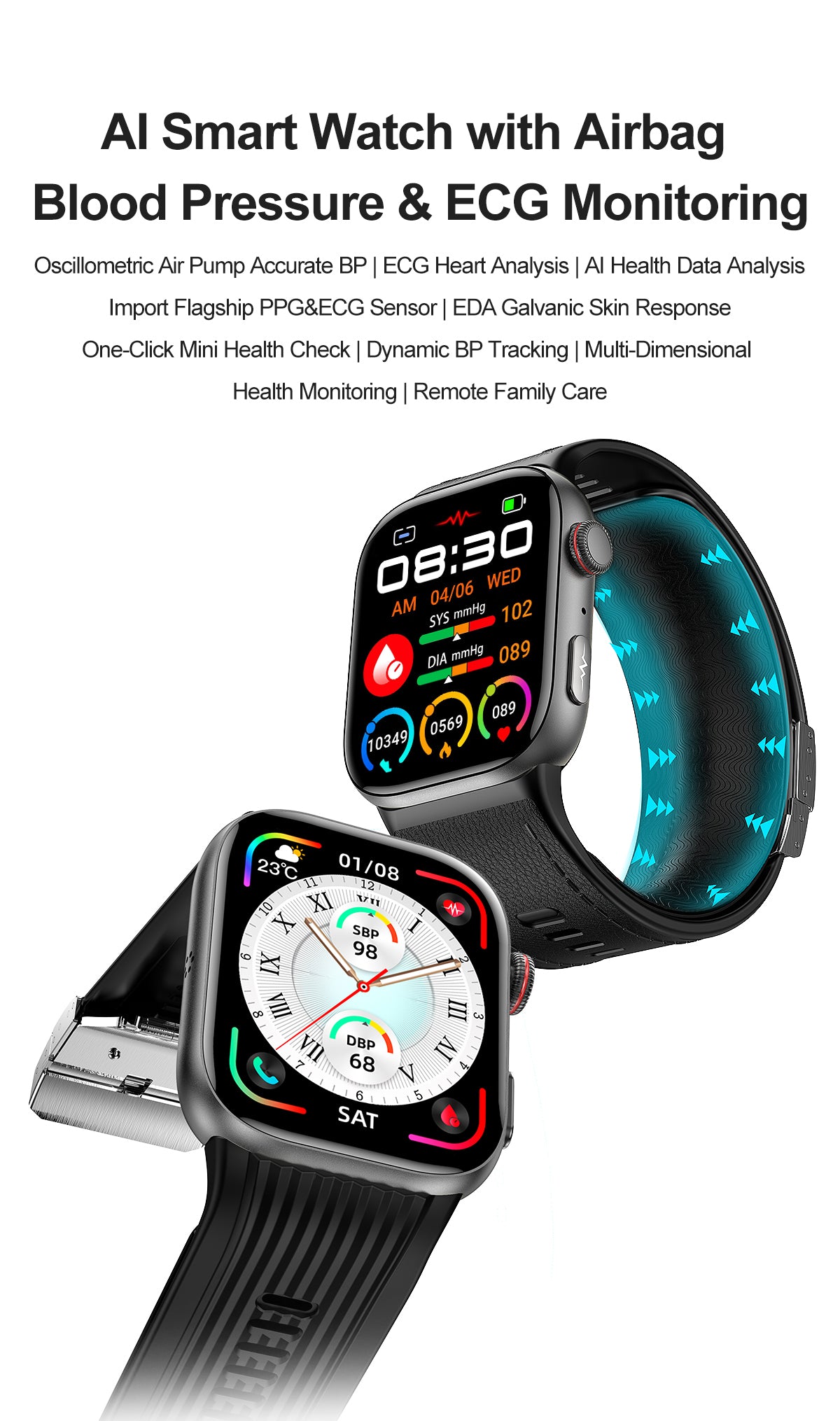 S105 Ultra-Thin Side Airbag Smart Watch with Murata Air Pump Ti4950 Chip Waterproof Wristwatch 24H Real-Time Data Sharing AI Sports Band