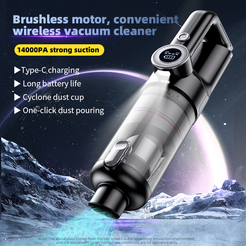 Cordless car vacuum with cyclone dust cup, strong suction captures dust without clogging