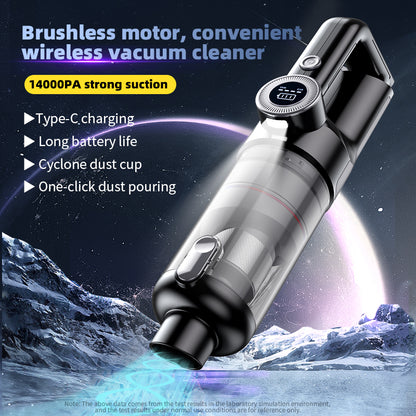 Cordless car vacuum with cyclone dust cup, strong suction captures dust without clogging