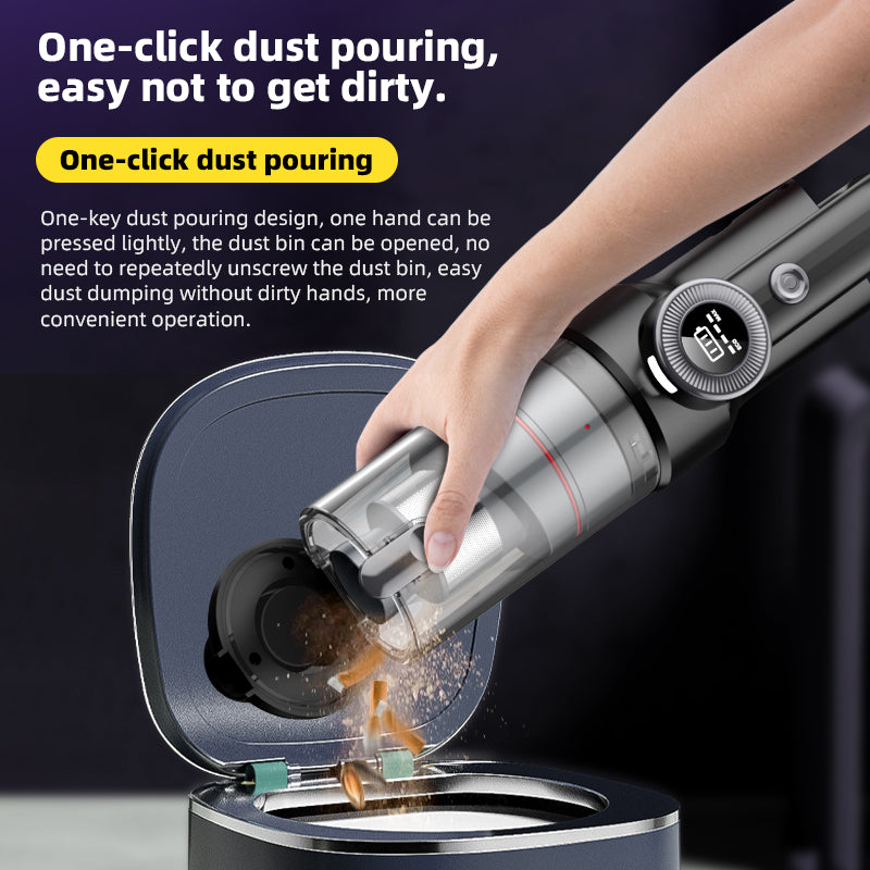 Cordless car vacuum with cyclone dust cup, strong suction captures dust without clogging