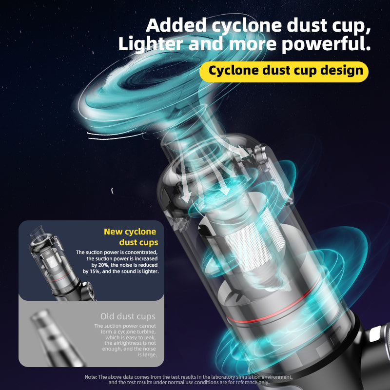 Cordless car vacuum with cyclone dust cup, strong suction captures dust without clogging
