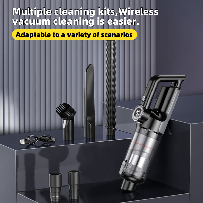 Cordless car vacuum with cyclone dust cup, strong suction captures dust without clogging