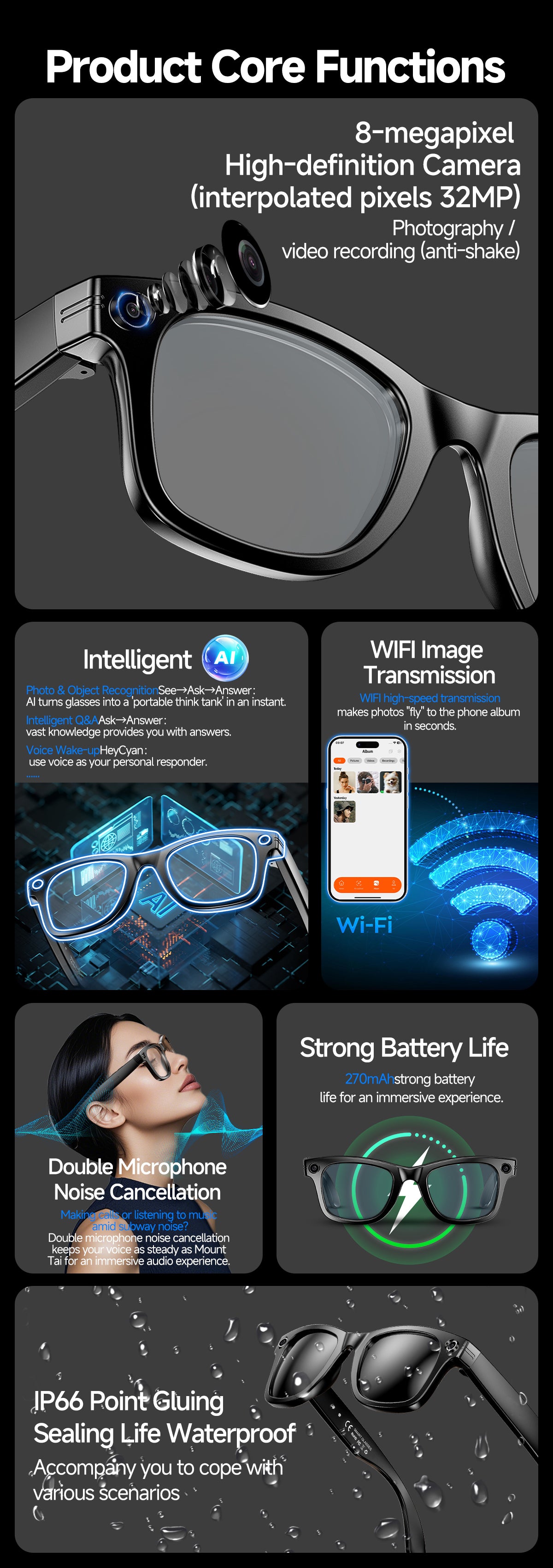 W610T AI Translation Smart Eyewear 4GB Storage Touch Sliding Control Magnetic Charging
