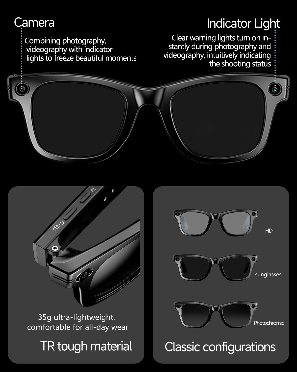 W610T AI Translation Smart Eyewear 4GB Storage Touch Sliding Control Magnetic Charging