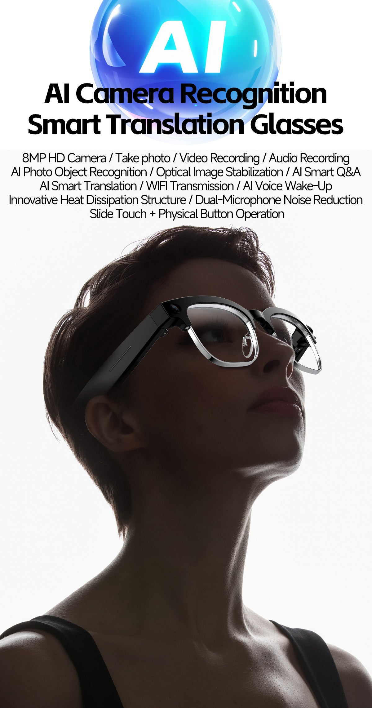 W630T AI Translation Glasses 4GB Storage Touch Sliding Control Bluetooth Music Calling
