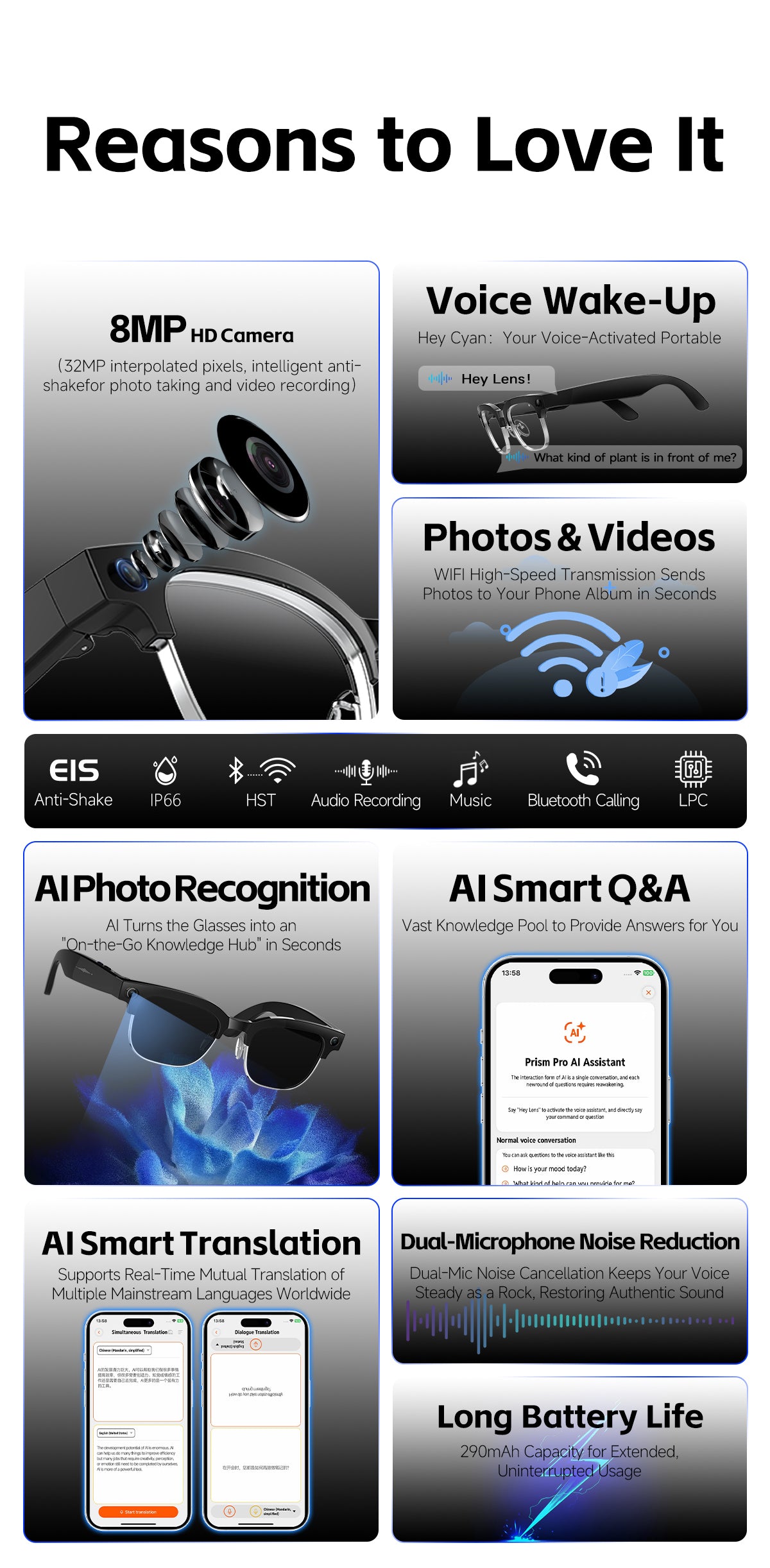 W630T AI Translation Glasses 4GB Storage Touch Sliding Control Bluetooth Music Calling