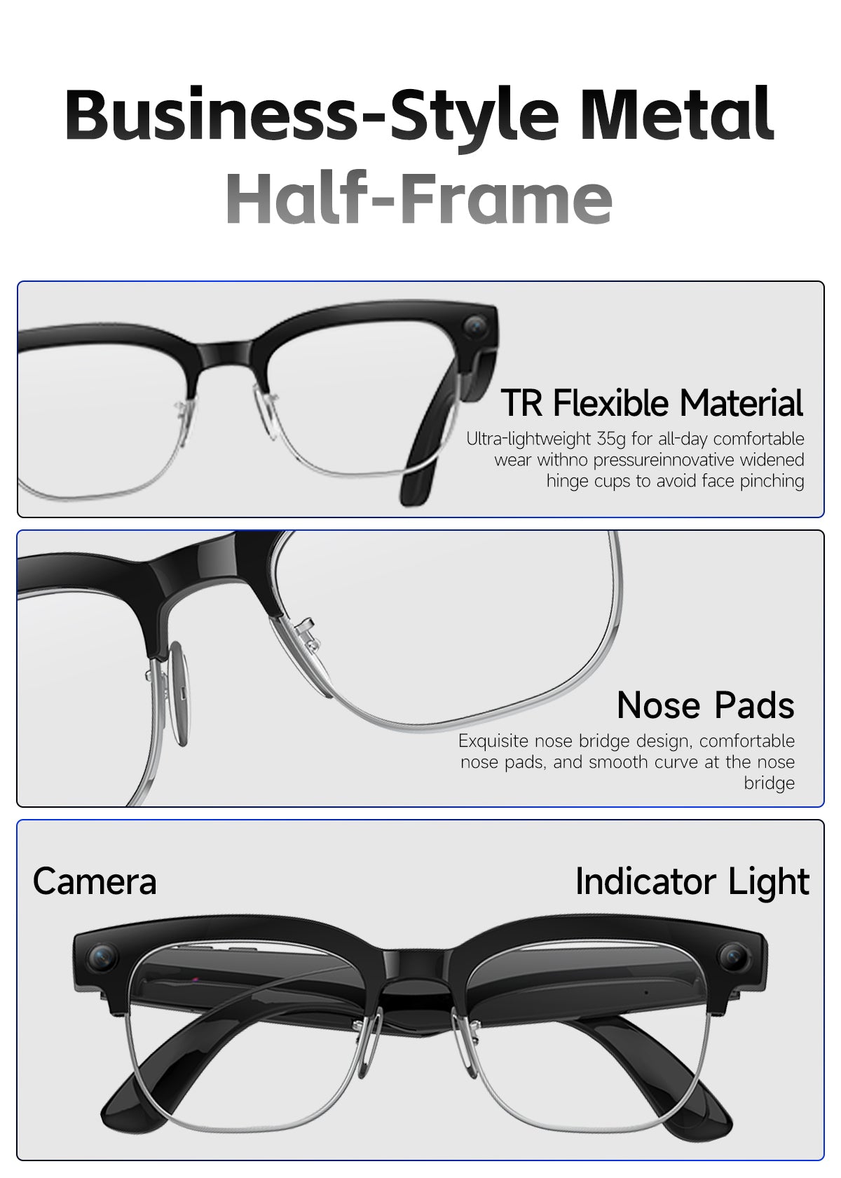 W630T AI Translation Glasses 4GB Storage Touch Sliding Control Bluetooth Music Calling