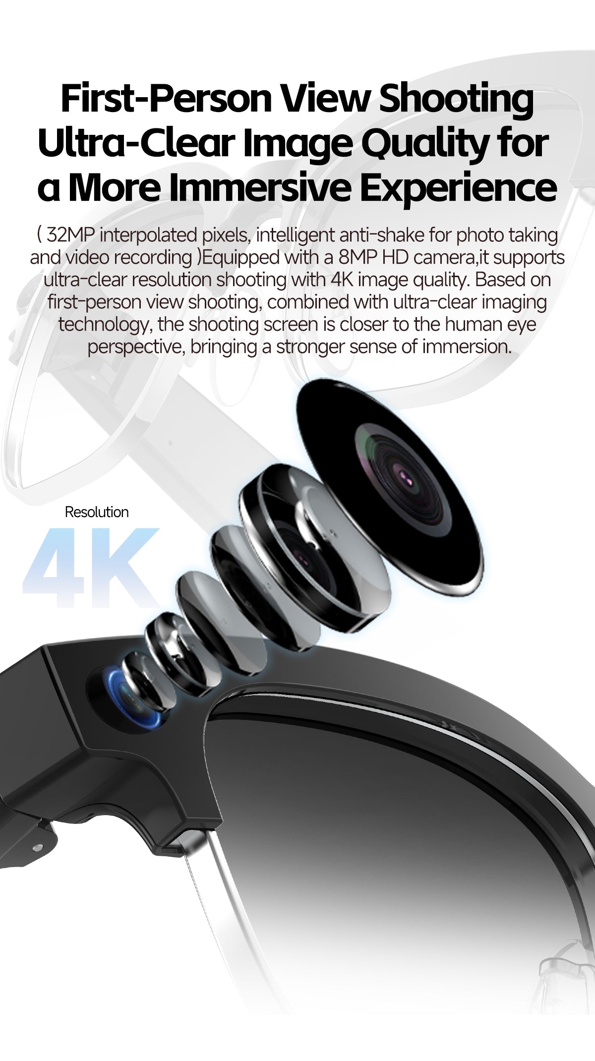 W630T AI Translation Glasses 4GB Storage Touch Sliding Control Bluetooth Music Calling