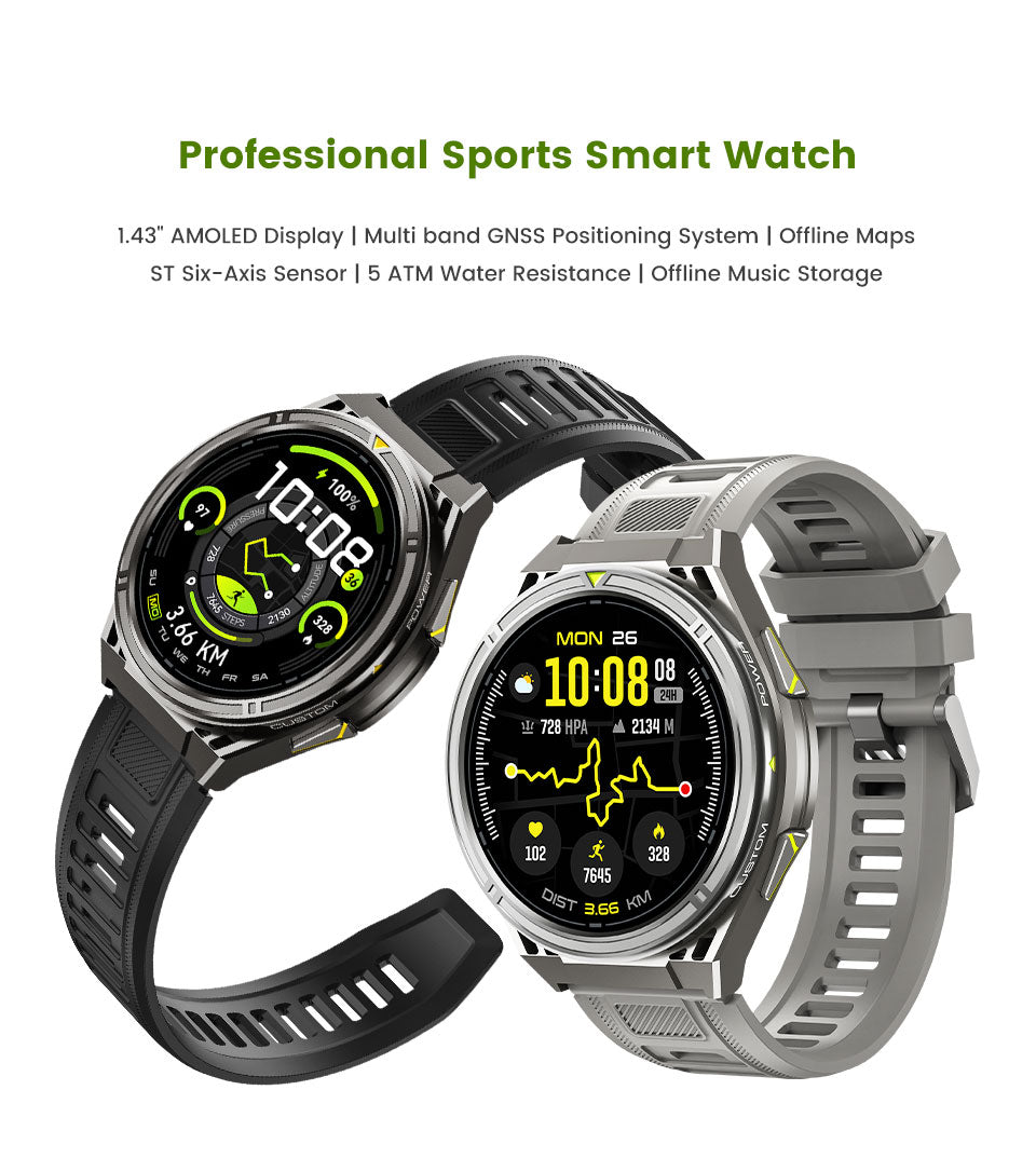 X2Pro 1.43" AMOLED Round Fitness Watch Heart Rate Sleep Stress Tracker Dual Band GPS