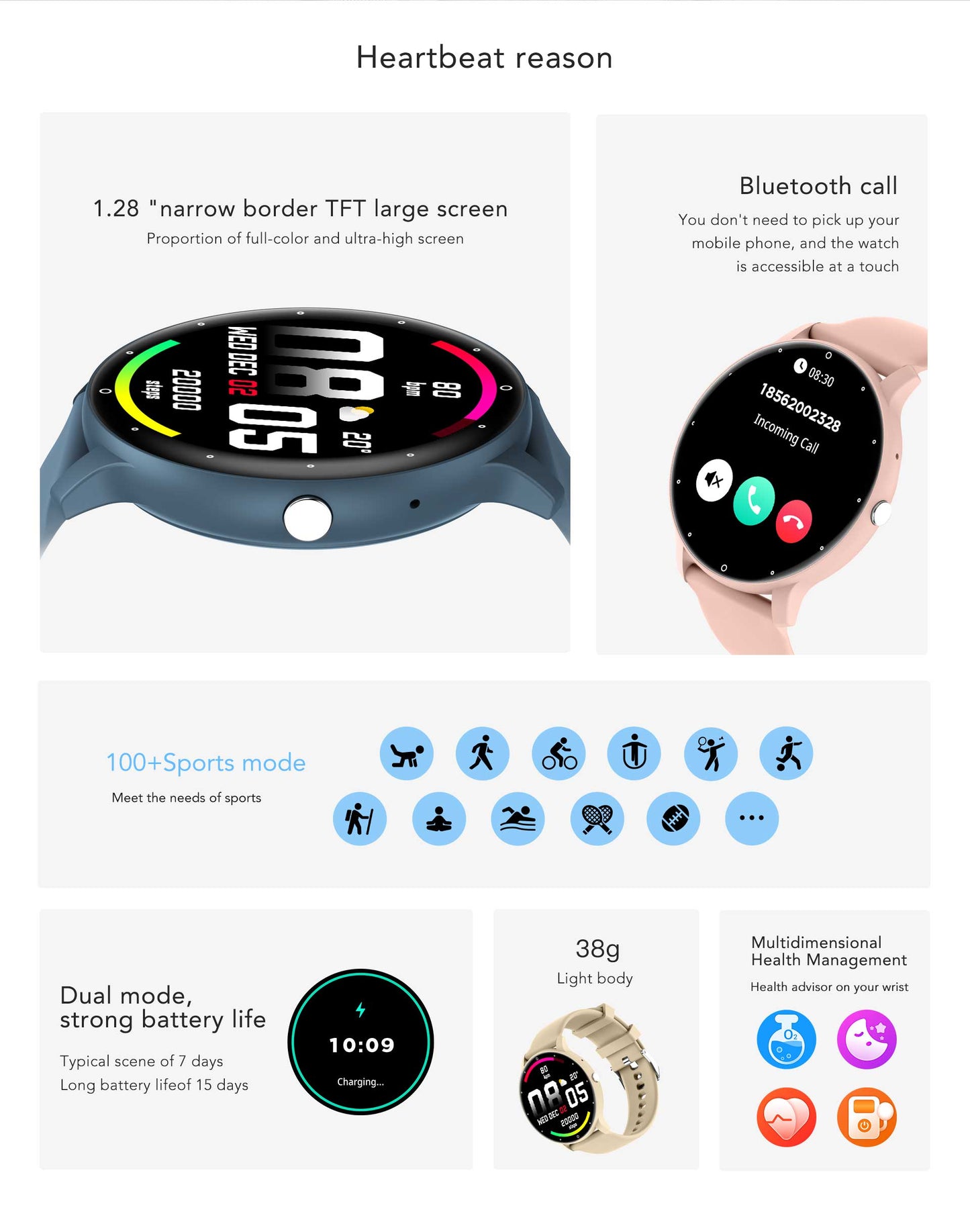 This smart watch has a slim design and light weight for comfortable all-day wearing