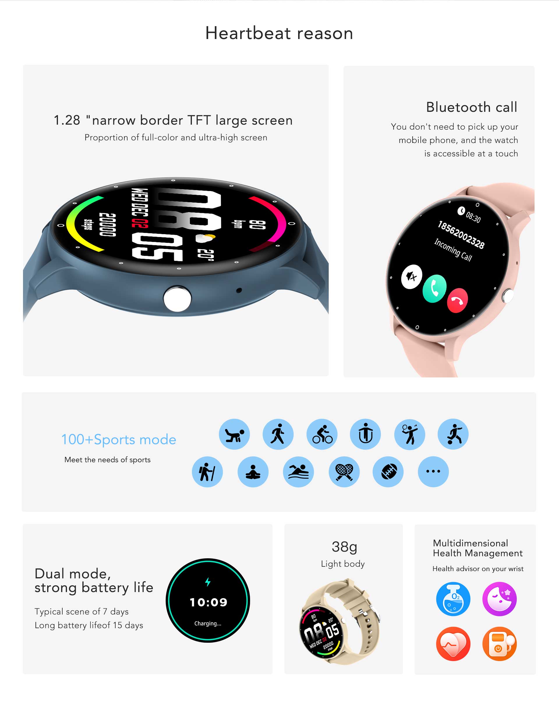 This smart watch has a slim design and light weight for comfortable all-day wearing