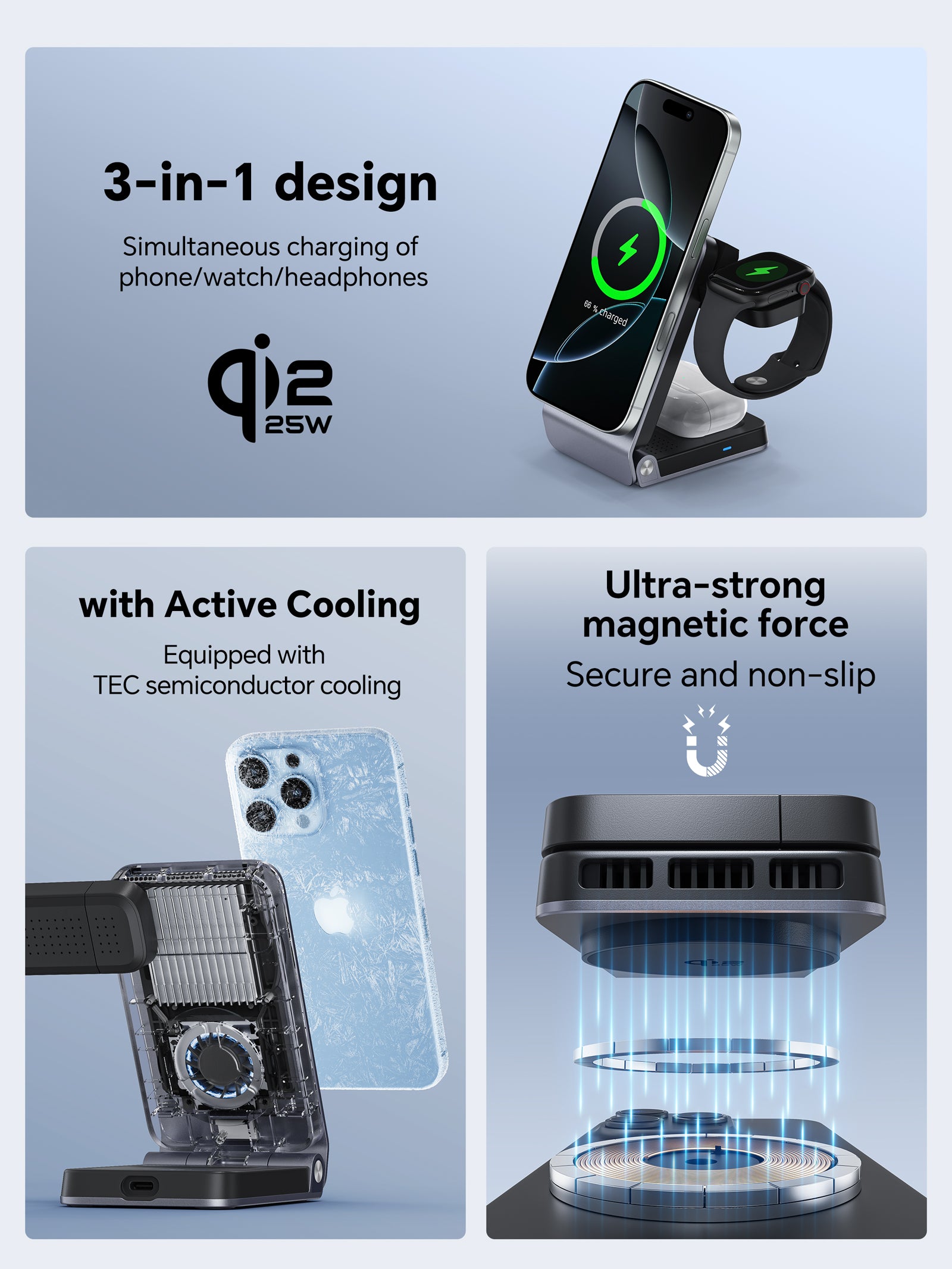 Fast Charging 3-in-1 Stand Style Wireless Charger with Power Bank Foldable Magnetic Mobile Phone Holder Flexible Earphone